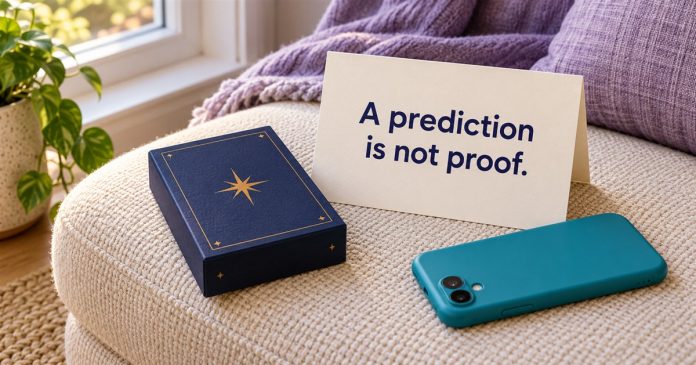 Closed navy card box, face-down teal phone and a cream card reading A prediction is not proof.