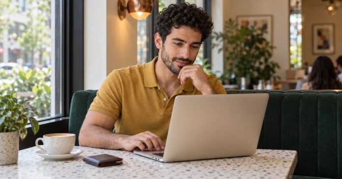 value-websites-distinct-model-20261014 Illustrative client comparing psychic reading prices on a laptop at a green cafe booth, with a coffee and closed wallet nearby.
