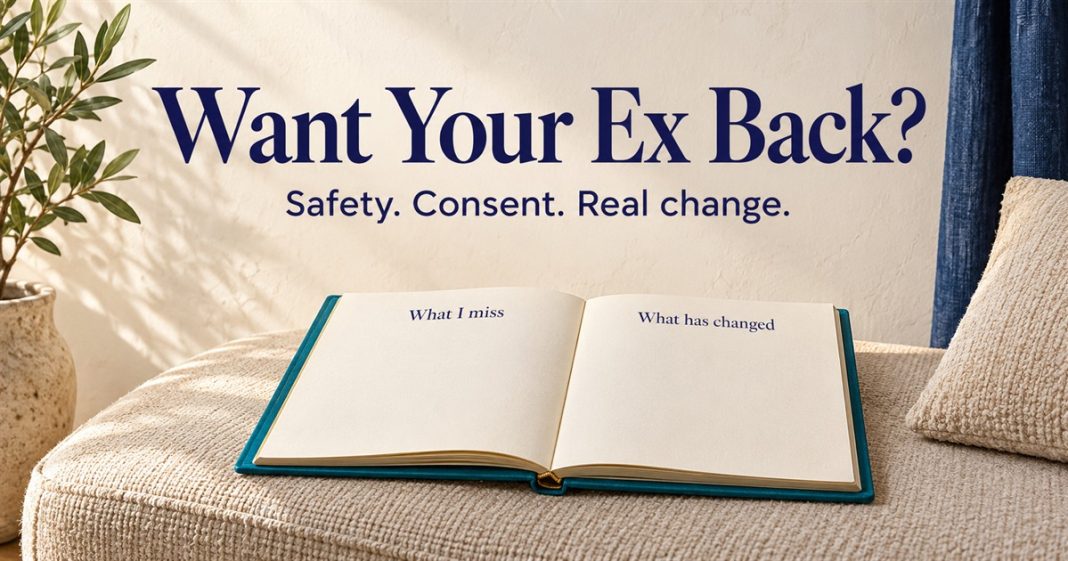 AI illustration of an open teal reflection folio labeled What I miss and What has changed, titled Want Your Ex Back? Safety. Consent. Real change.