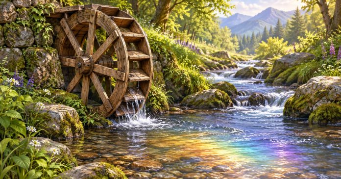 Imagined water wheel chakra visualization AI-generated illustration of a wooden water wheel beside a woodland stream, with a soft rainbow reflection on the water.