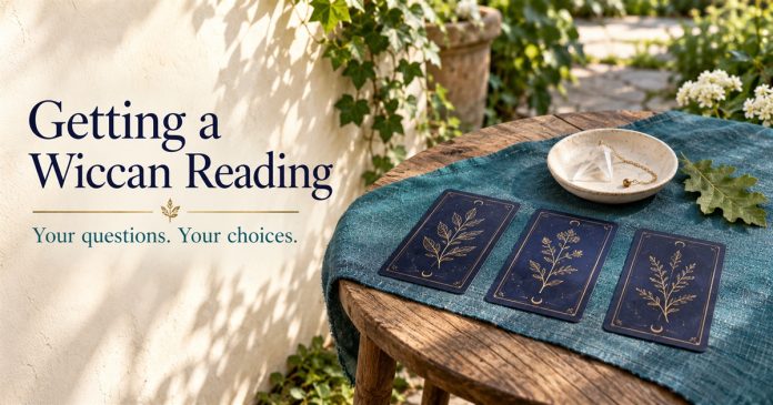 Getting a Wiccan Reading: Your questions. Your choices. Three botanical-backed cards and a quartz pendulum on a teal garden table.
