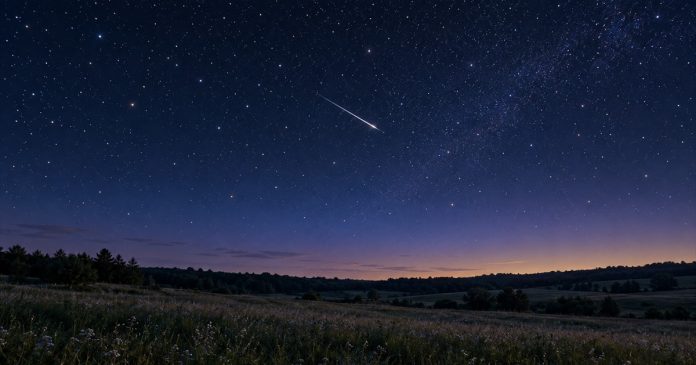 Making wishes: an imagined meteor over a quiet meadow AI-generated illustration of a meteor streaking across a starry navy sky above a quiet meadow.