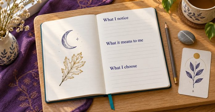 Open notebook with moon and leaf sketches and three headings: What I notice, What it means to me, and What I choose; pencil, stone and botanical-symbol card nearby.