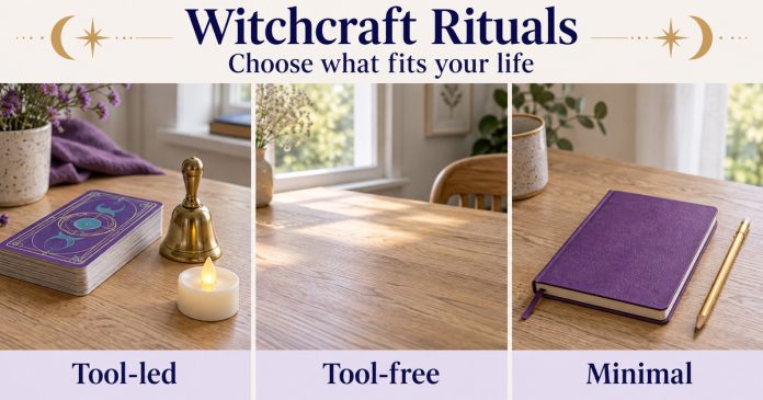 Witchcraft Ritual Choices Three labeled witchcraft setups: Tool-led with cards, a bell and an LED light; Tool-free with a clear tabletop; Minimal with a notebook and pencil.