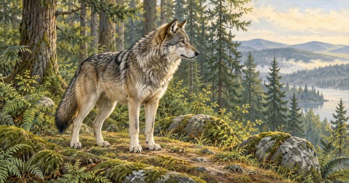Woodland wolf — personal symbolism illustration AI-generated painting of a gray wolf standing among mossy rocks and trees above a forested lake.
