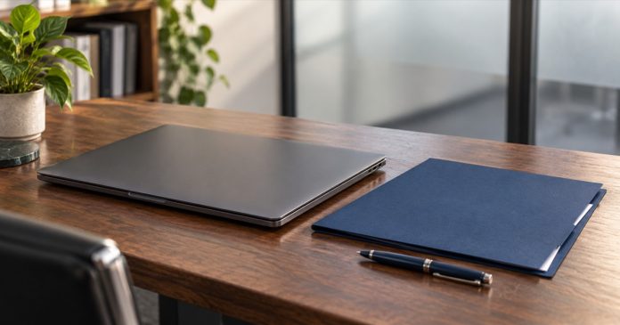 A closed charcoal laptop beside an unmarked navy folder and capped pen on a walnut office desk.