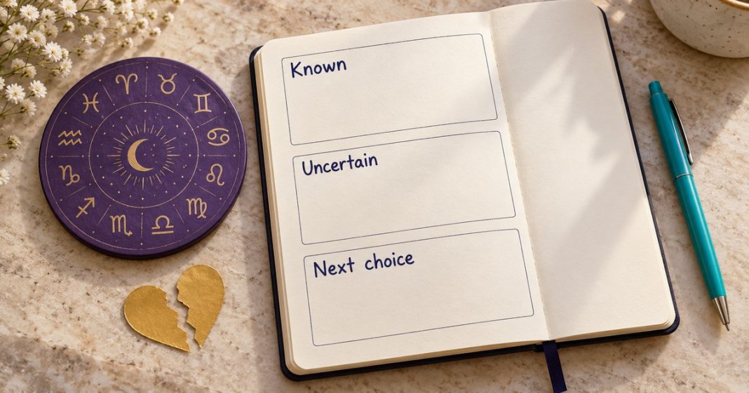 Zodiac love reflection: known, uncertain and next choice AI-created symbolic still life of a purple zodiac disk, split gold paper heart and a notebook labeled Known, Uncertain and Next choice.