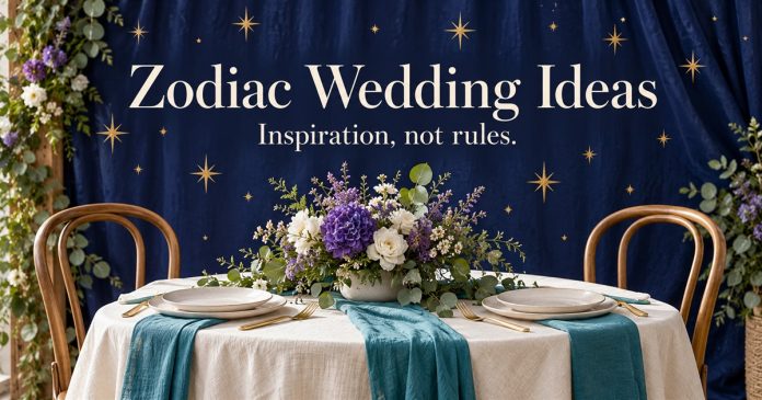 An imagined wedding table for two with ivory linen, a cyan runner, purple-white flowers and gold stars on a navy backdrop reading “Zodiac Wedding Ideas. Inspiration, not rules.”